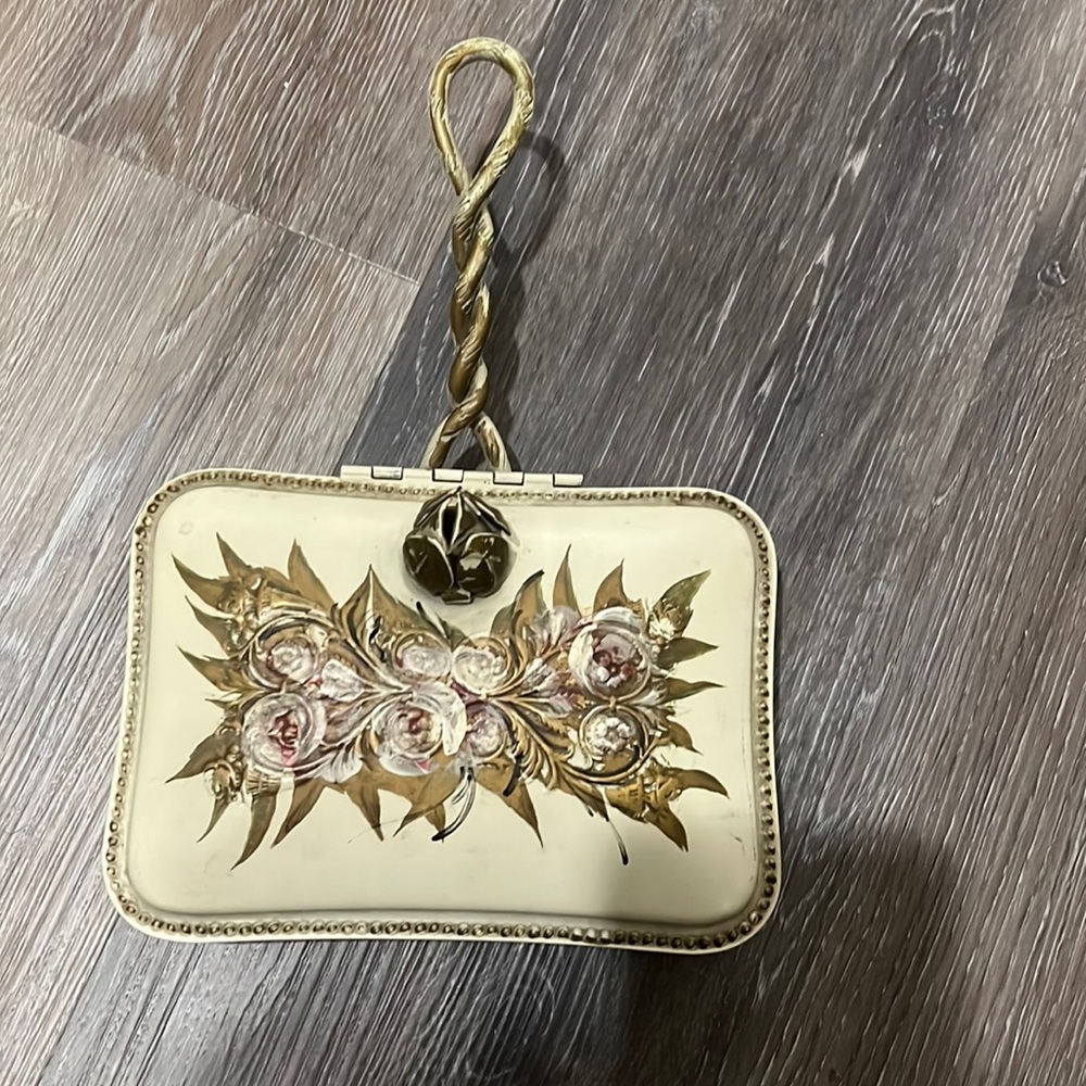 Vintage hand painted metal floral cream gold silent butler - Picture 2 of 9
